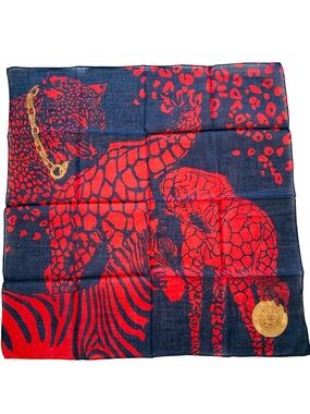 Rare Vintage CELINE Paris Animal Print Cotton Handkerchief Scarf Navy Red Japan